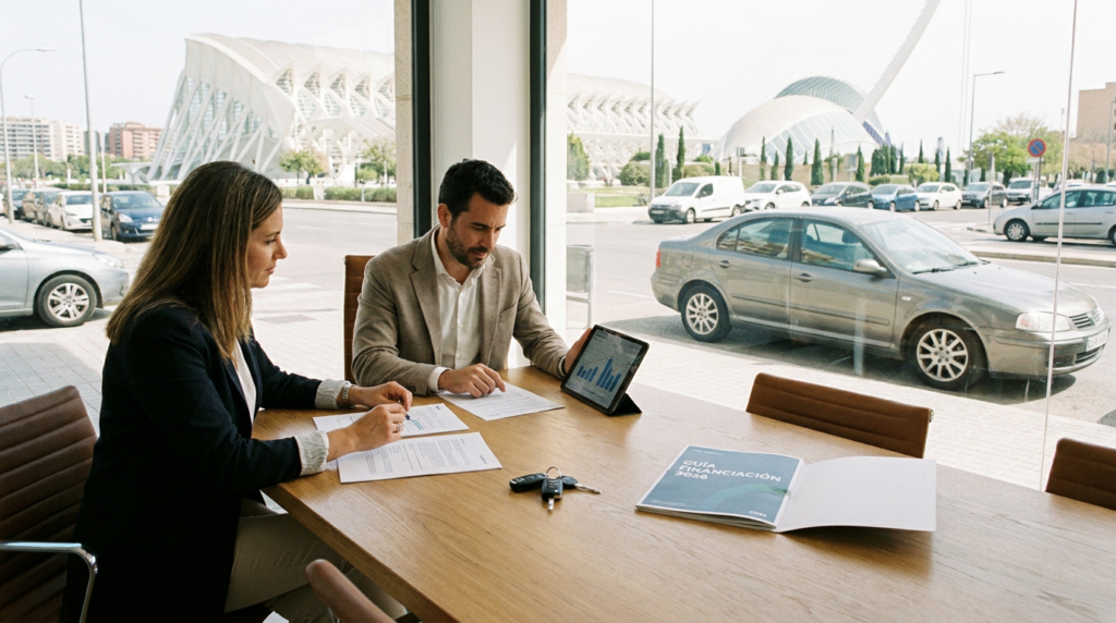 Pareja revisando opciones de financiación de coche de segunda mano en Traverauto